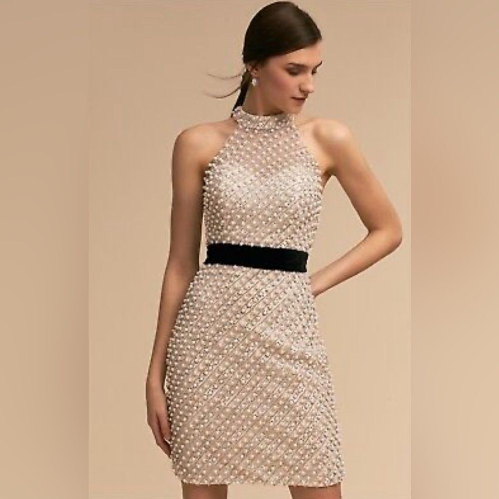 Terani Couture Ivory Beaded Halter Cocktail Dress with Black Belt